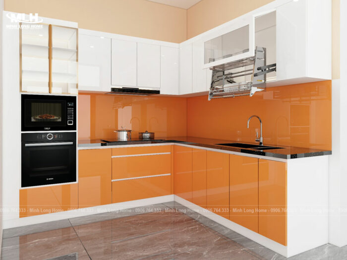 Tủ bếp nhựa màu cam trắng bóng gương TBN05 1