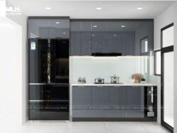 Tủ bếp inox cánh kính chữ i màu xám đậm TIML12