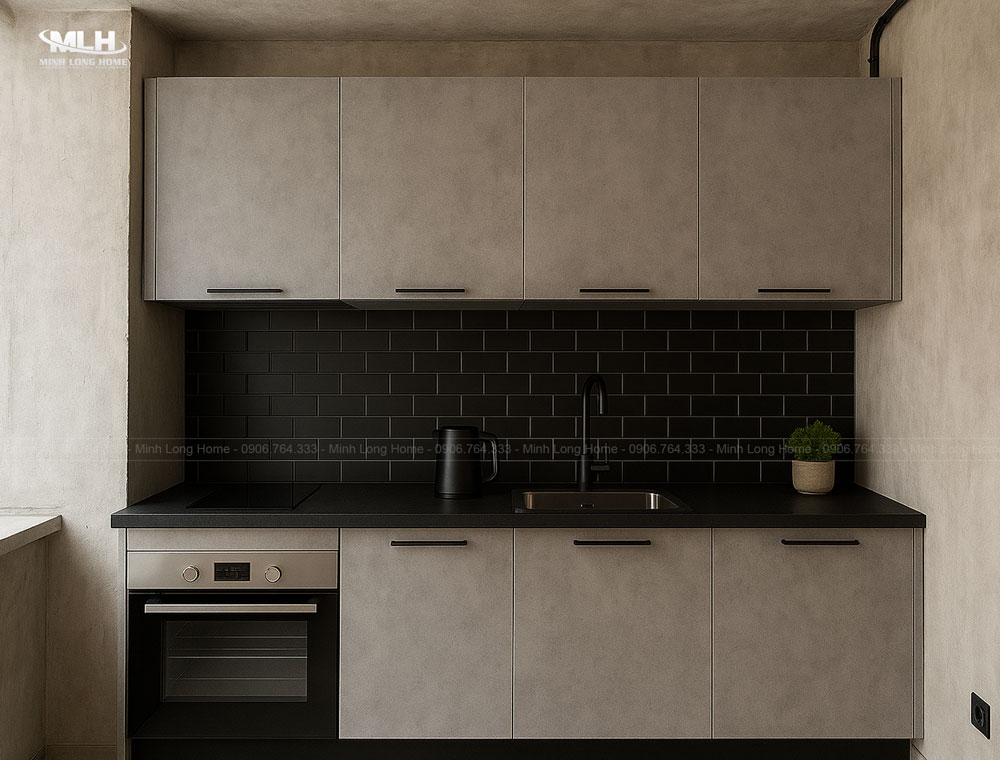 Tủ bếp Laminate màu xám xi măng hiện đại từ Minh Long Home