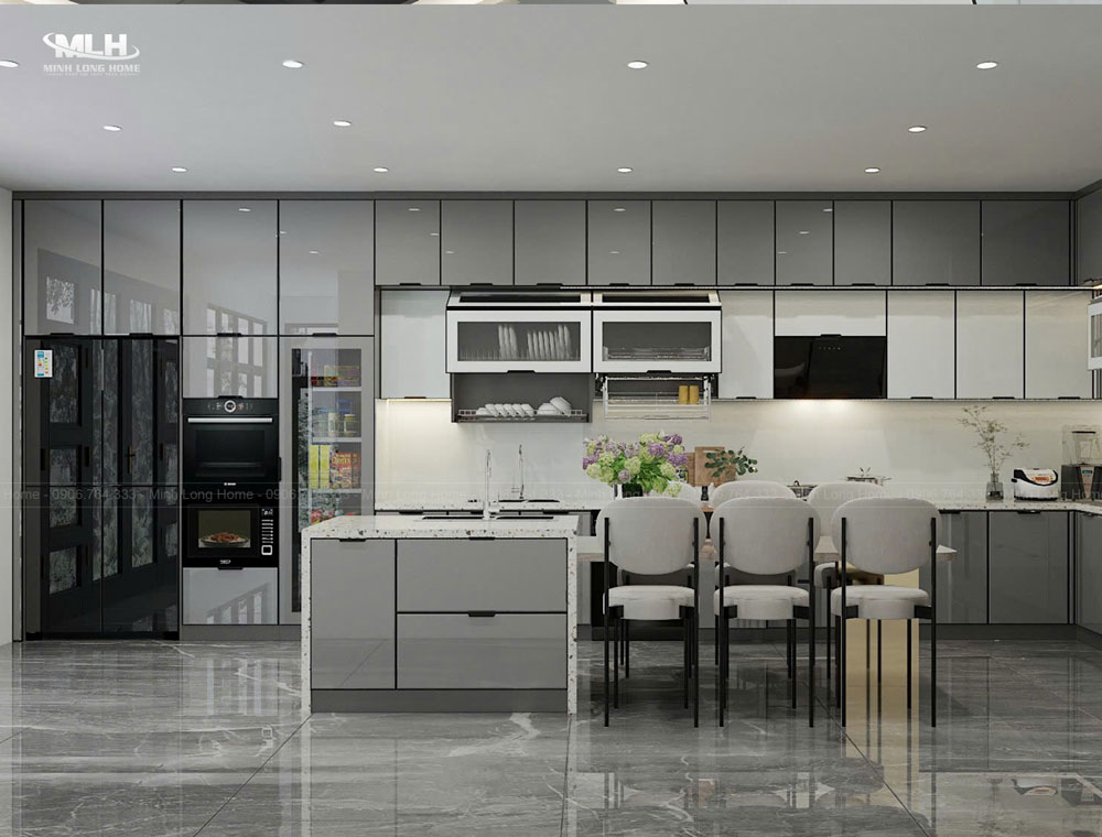 Tủ bếp nhôm kính chữ L đẹp